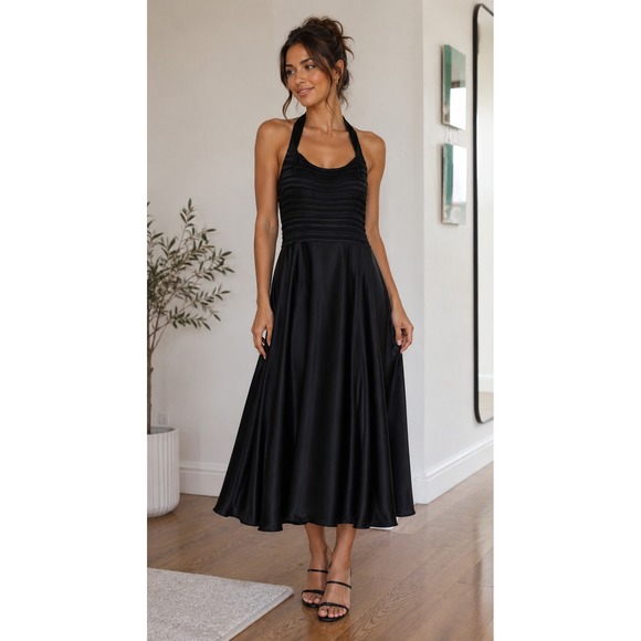 Tadashi Dresses & Skirts - Tadashi Maxi Dress Size 8 Black Halter Neck Evening Gown Textured Satin Formal